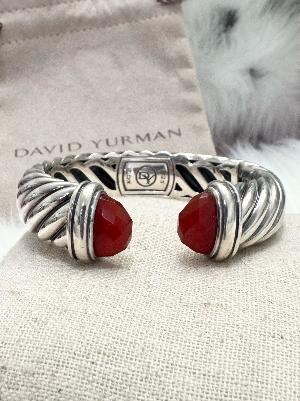 David Yurman 15MM Waverly Red Carnelian Cable Cuff Bracelet .925 Sterling Silver